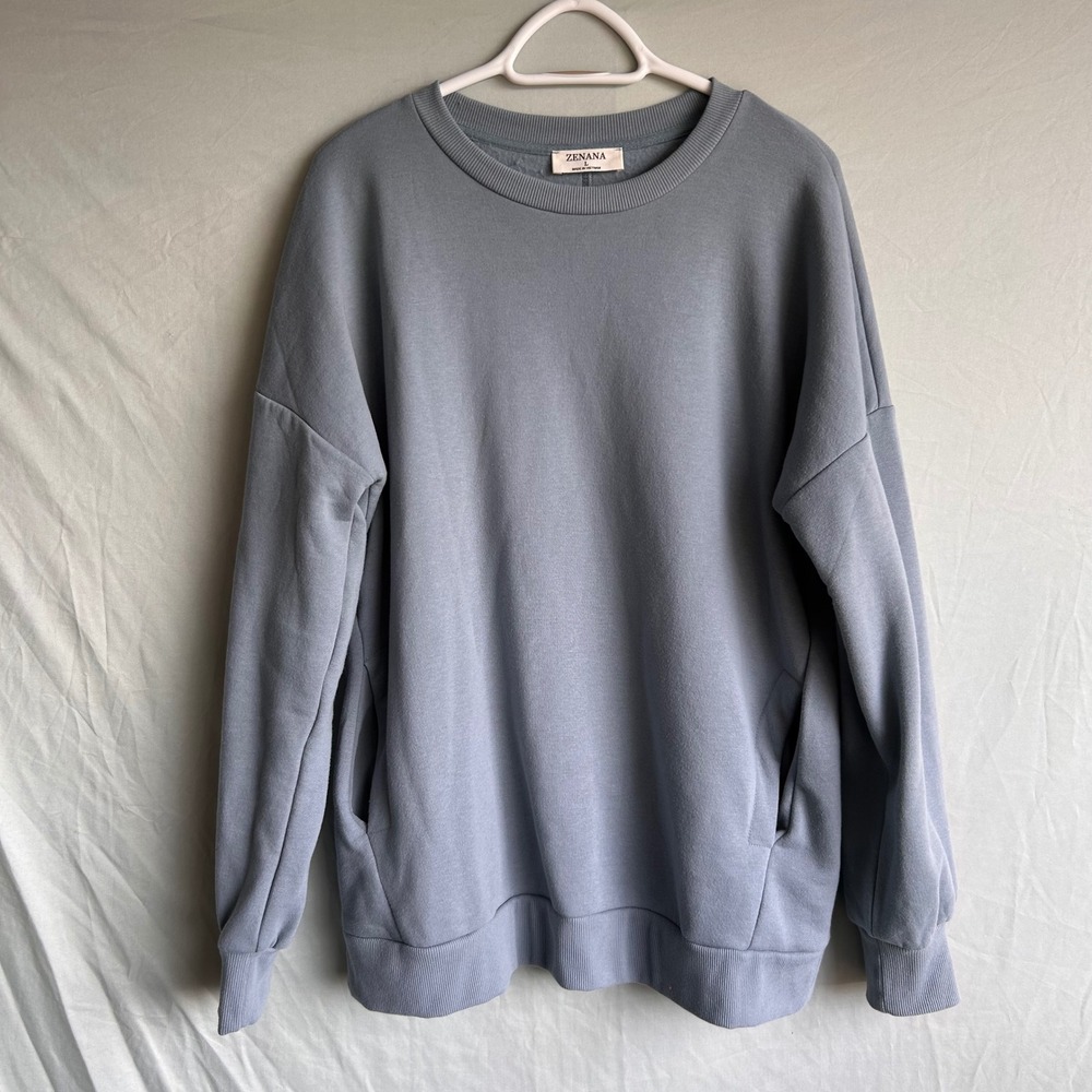 Zenana Womens Oversized Crewneck Sweatshirt Dusty Blue Pockets OT-35021 Large